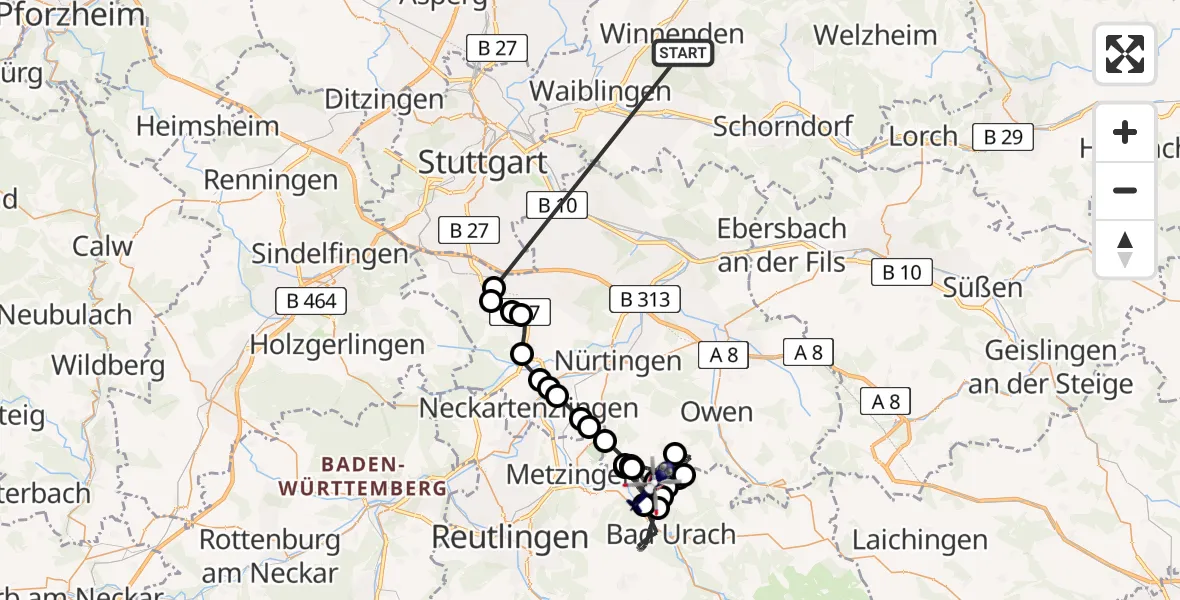 Flugroute Polizeihubschrauber Winnenden - Dettingen an der Erms, 30 Juni 2026, 17:51