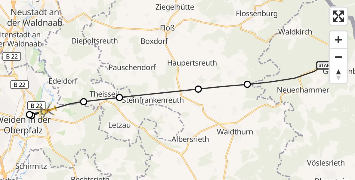 Flugroute Rettungshubschrauber Georgenberg - Weiden i.d.OPf., 30 Juni 2026, 17:54