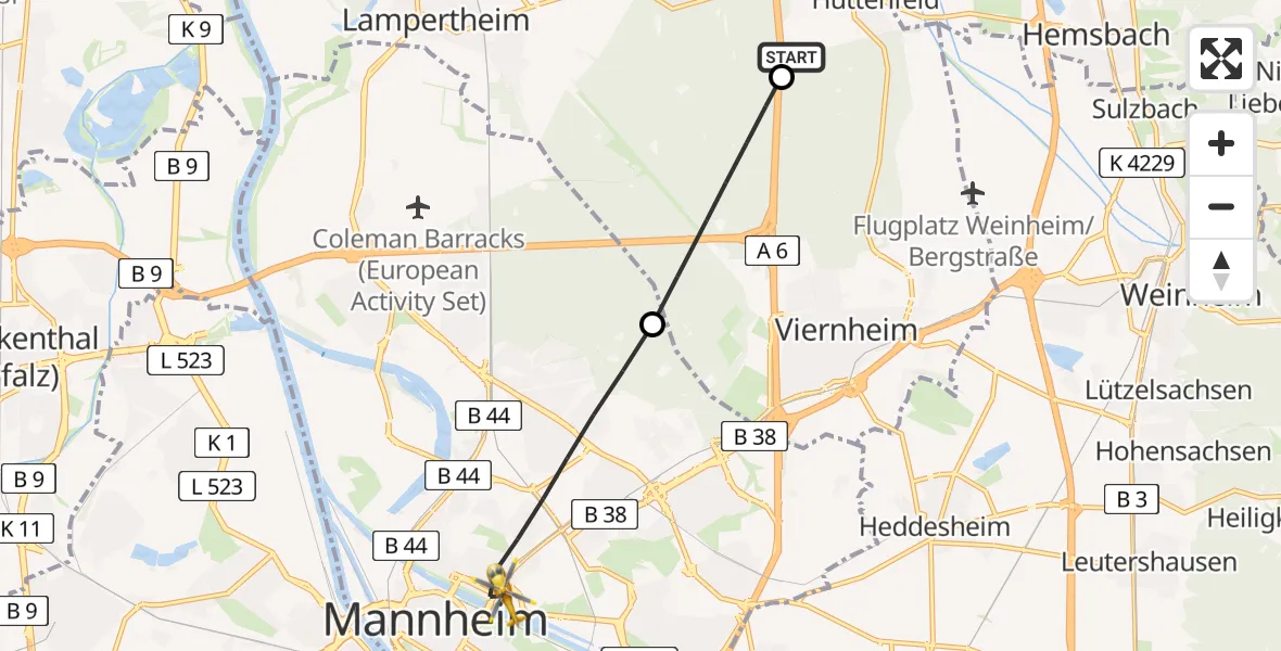 Flugroute Rettungshubschrauber Lampertheim - Mannheim, 30 Juni 2026, 17:56