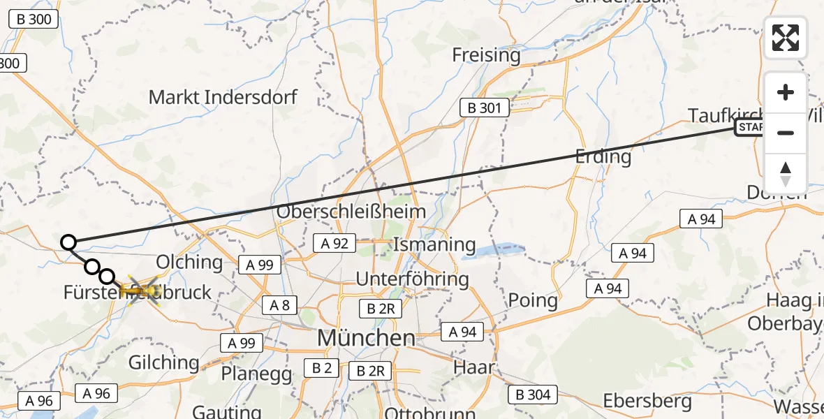 Flugroute Rettungshubschrauber Taufkirchen (Vils) - Fürstenfeldbruck, 30 Juni 2026, 17:59