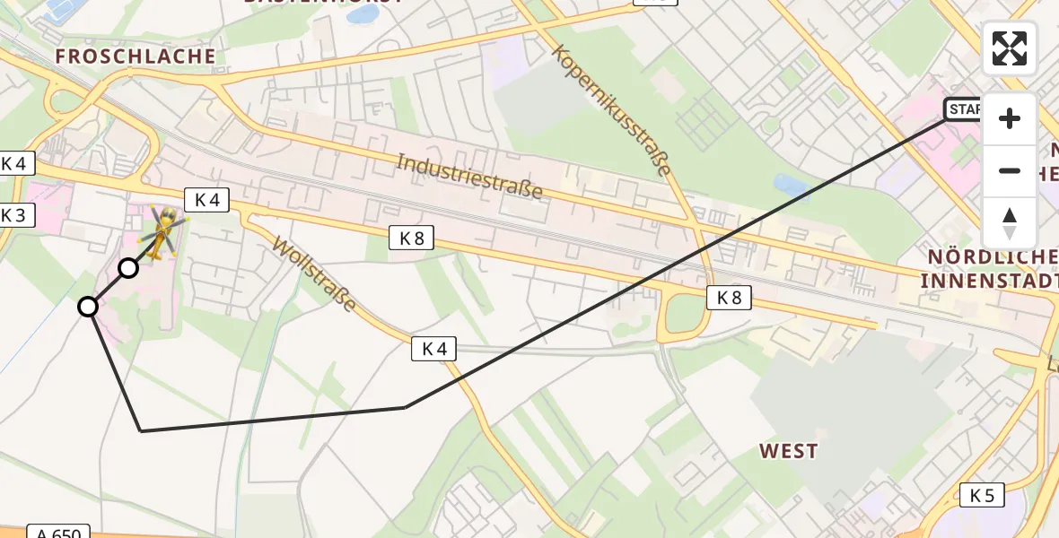 Flugroute Rettungshubschrauber Ludwigshafen am Rhein - Ludwigshafen Accident Hospital, 30 Juni 2026, 17:59