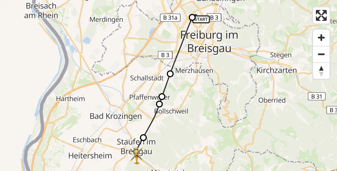 Flugroute Ambulanzhubschrauber Freiburg im Breisgau Flugplatz - Staufen im Breisgau, 30 Juni 2026, 18:01