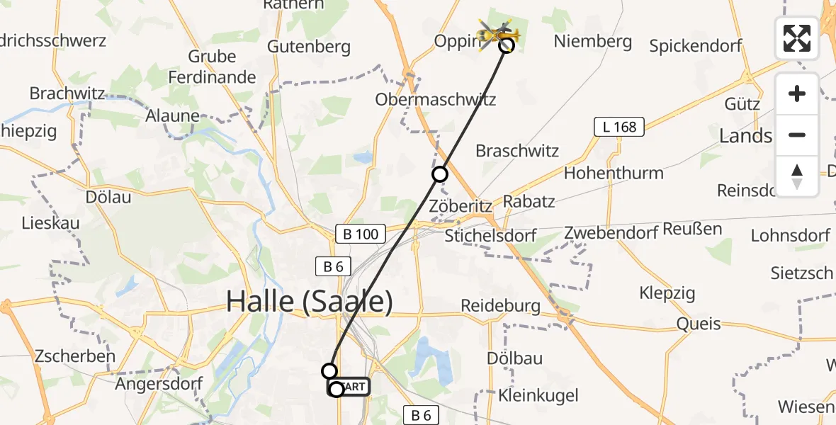 Flugroute Rettungshubschrauber BG Hospital Bergmannstrost Halle - Halle-Oppin Flugplatz, 30 Juni 2026, 18:02