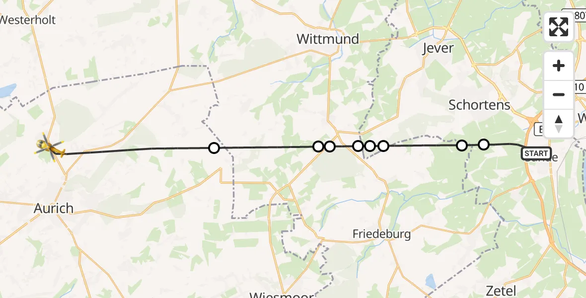 Flugroute Rettungshubschrauber Sande - Aurich, 30 Juni 2026, 18:04