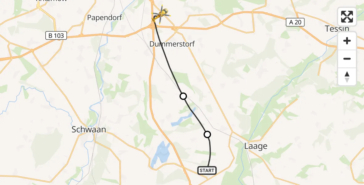 Flugroute Ambulanzhubschrauber Flughafen Rostock-Laage - Dummerstorf, 30 Juni 2026, 18:05