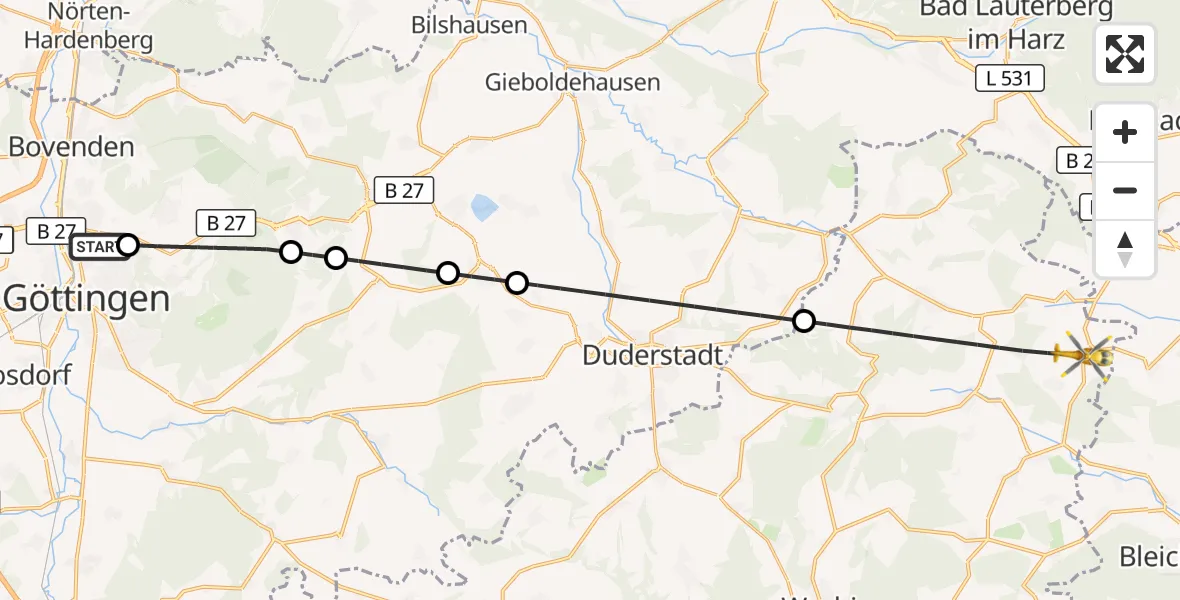 Flugroute Rettungshubschrauber Göttingen University Clinic Hubschrauberlandeplatz - Sonnenstein, 30 Juni 2026, 18:06
