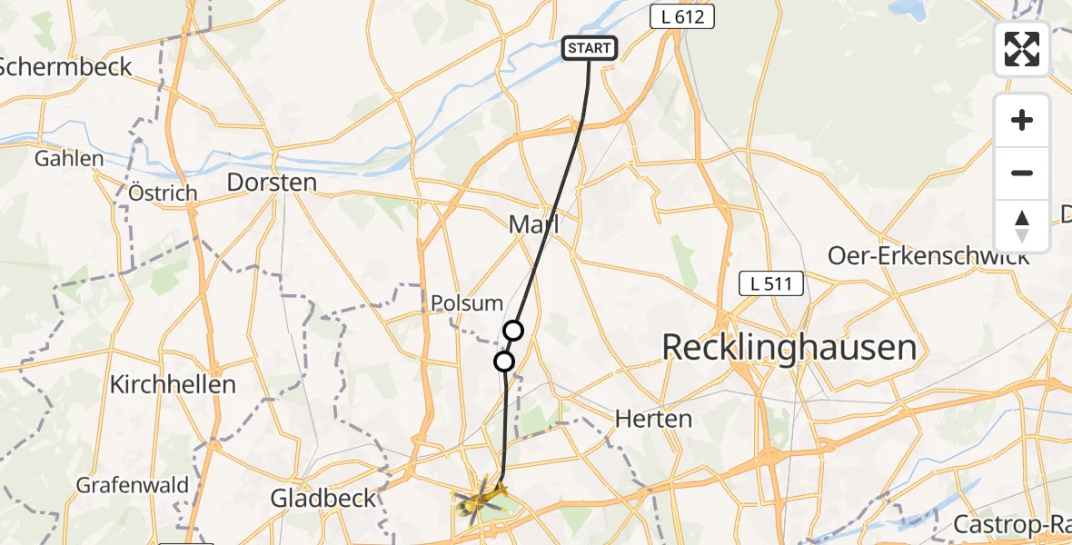 Flugroute Rettungshubschrauber Marl - Gelsenkirchen, 30 Juni 2026, 18:10
