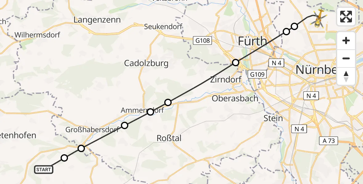 Flugroute Rettungshubschrauber Heilsbronn - Flughafen Nuremberg, 30 Juni 2026, 18:19