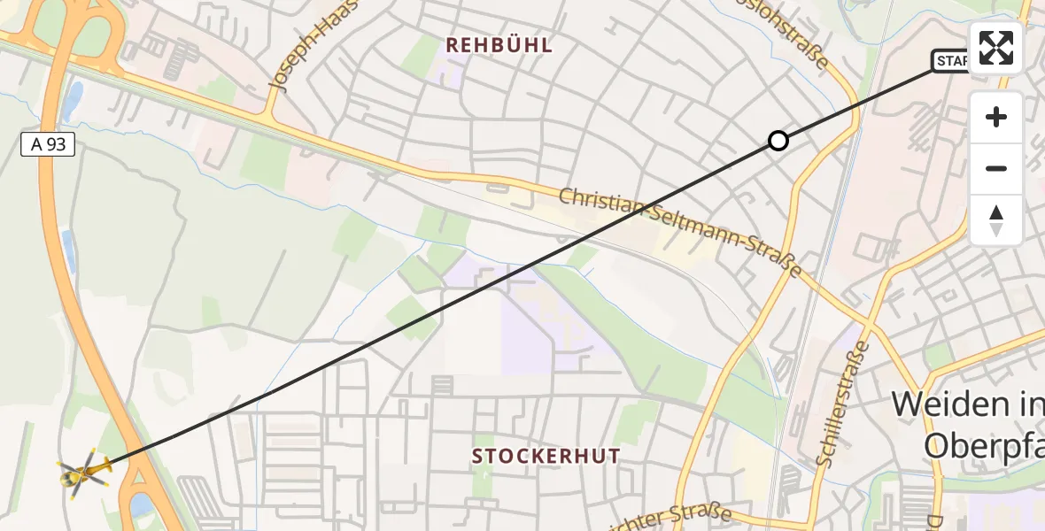 Flugroute Rettungshubschrauber Weiden Hospital - Weiden i.d.OPf., 30 Juni 2026, 18:22