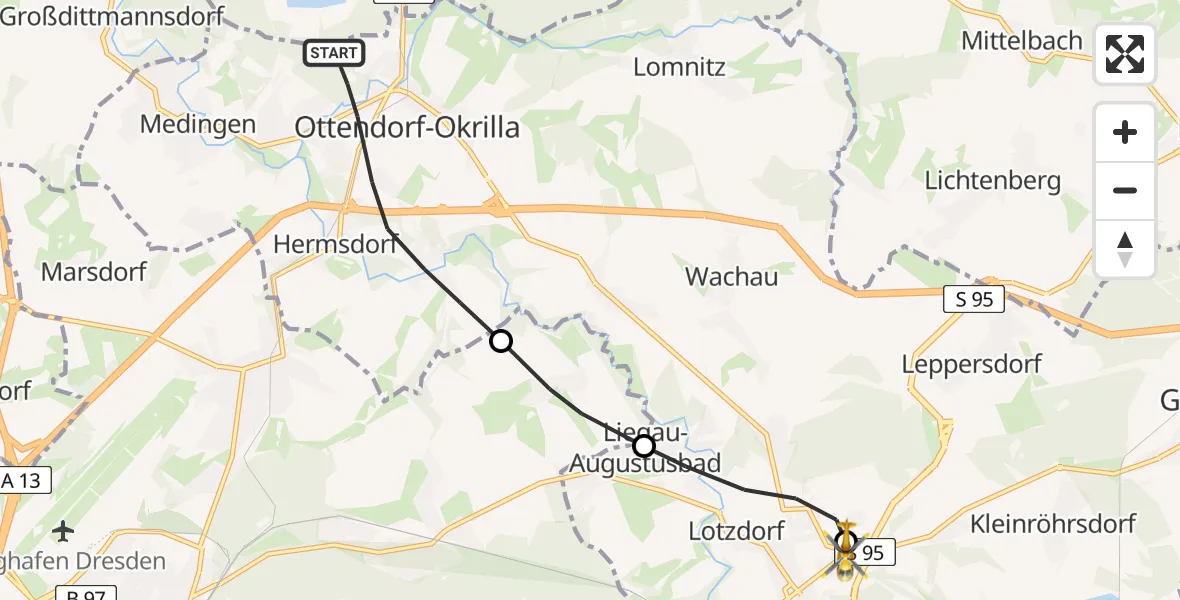 Flugroute Rettungshubschrauber Ottendorf-Okrilla - Asklepios ASB Hospital Radeberg, 30 Juni 2026, 18:27
