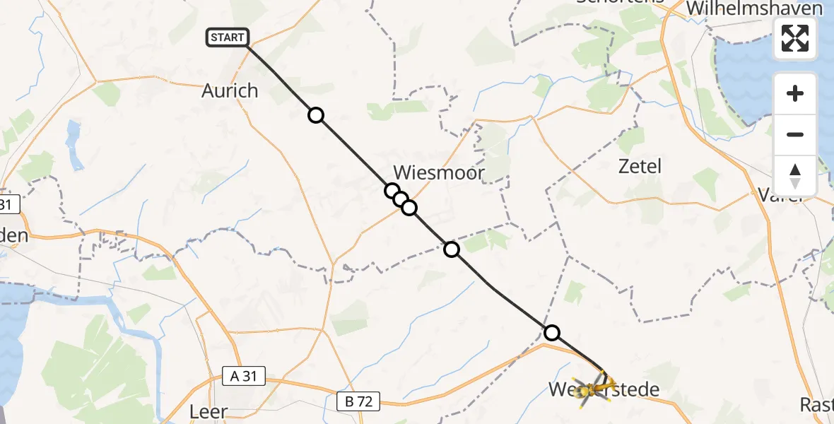 Flugroute Rettungshubschrauber Aurich - Westerstede, 30 Juni 2026, 18:32