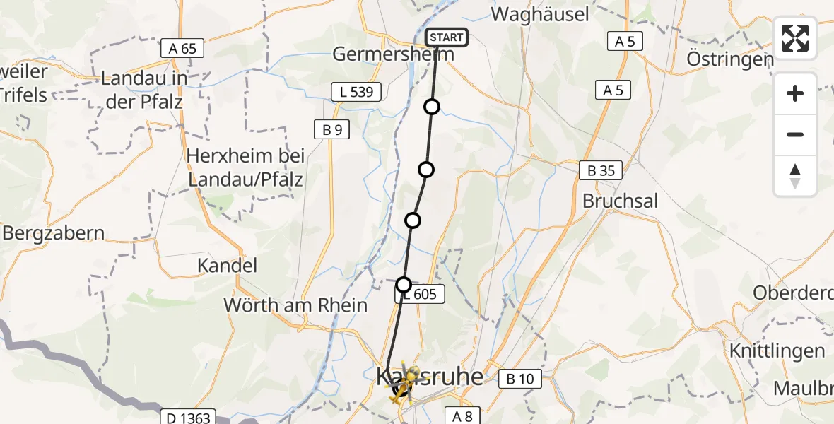 Flugroute Ambulanzhubschrauber Philippsburg - Sankt Vincentius Hospital, 30 Juni 2026, 18:32