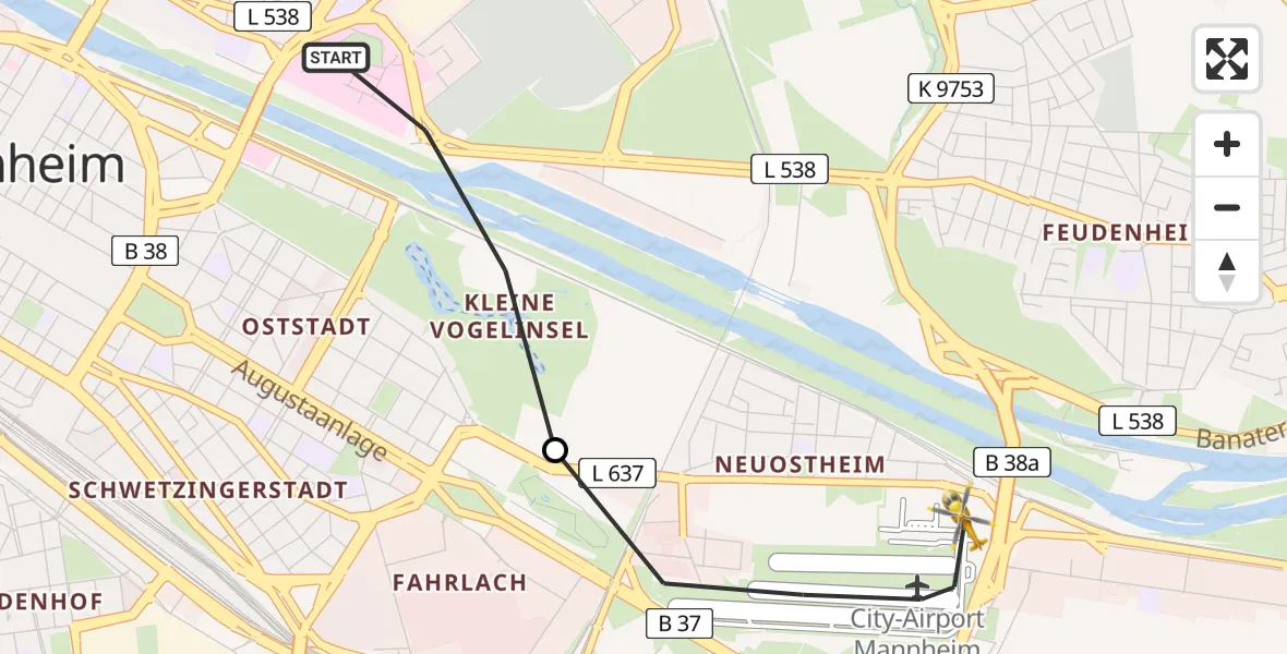 Flugroute Rettungshubschrauber Mannheim - Mannheim-City Flughafen, 30 Juni 2026, 18:36
