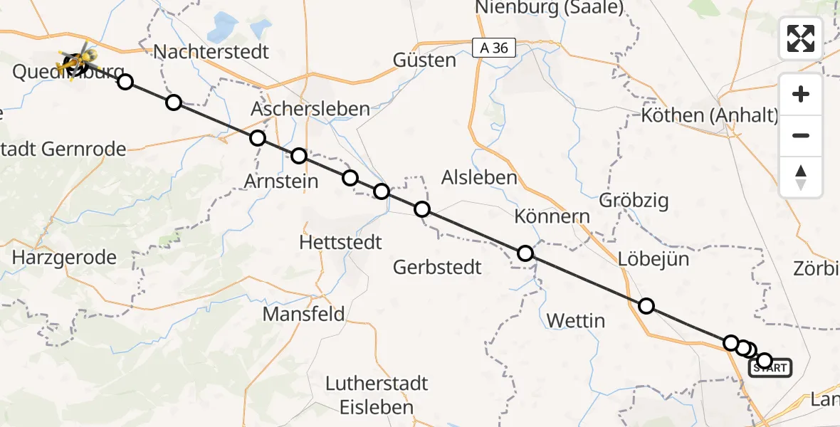 Flugroute Rettungshubschrauber Halle-Oppin Flugplatz - Harz Hospital Quedlinburg, 30 Juni 2026, 18:37