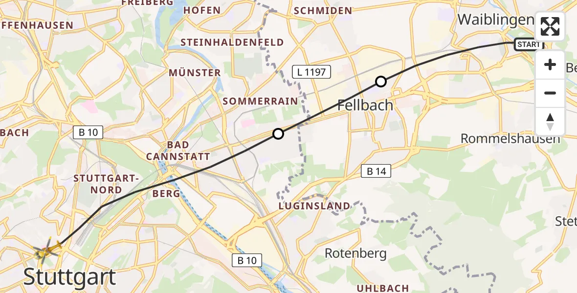 Flugroute Rettungshubschrauber Waiblingen - Stuttgart, 30 Juni 2026, 18:38