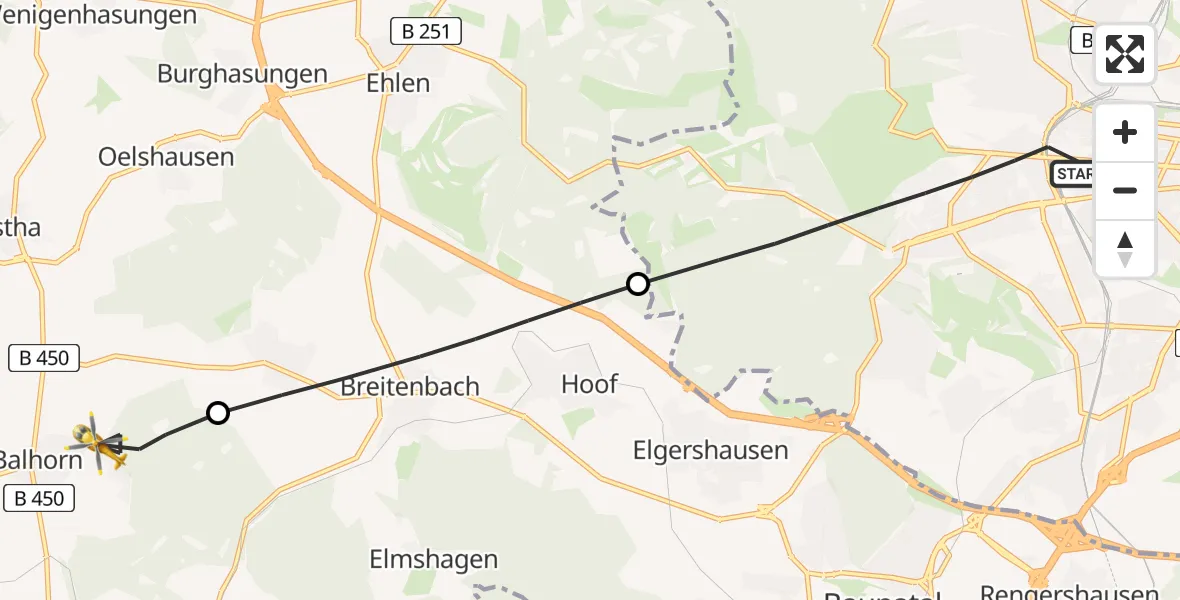 Flugroute Rettungshubschrauber Kassel - Bad Emstal, 30 Juni 2026, 18:40