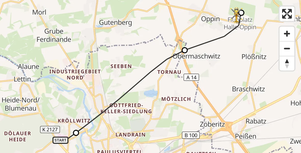 Flugroute Rettungshubschrauber Halle (Saale) University Hospital - Halle-Oppin Flugplatz, 30 Juni 2026, 18:41