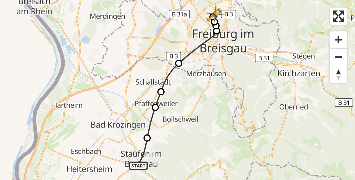 Flugroute Ambulanzhubschrauber Staufen im Breisgau - Freiburg im Breisgau Flugplatz, 30 Juni 2026, 18:44