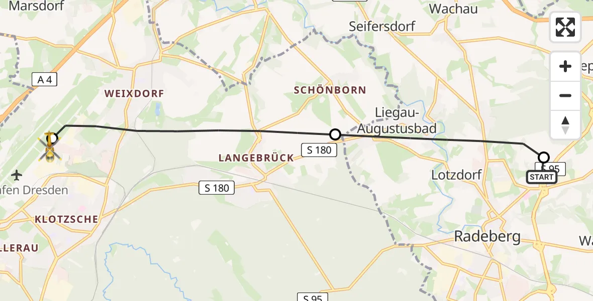 Flugroute Rettungshubschrauber Asklepios ASB Hospital Radeberg - Dresden Bundespolizei Hubschrauberlandeplatz, 30 Juni 2026, 18:53