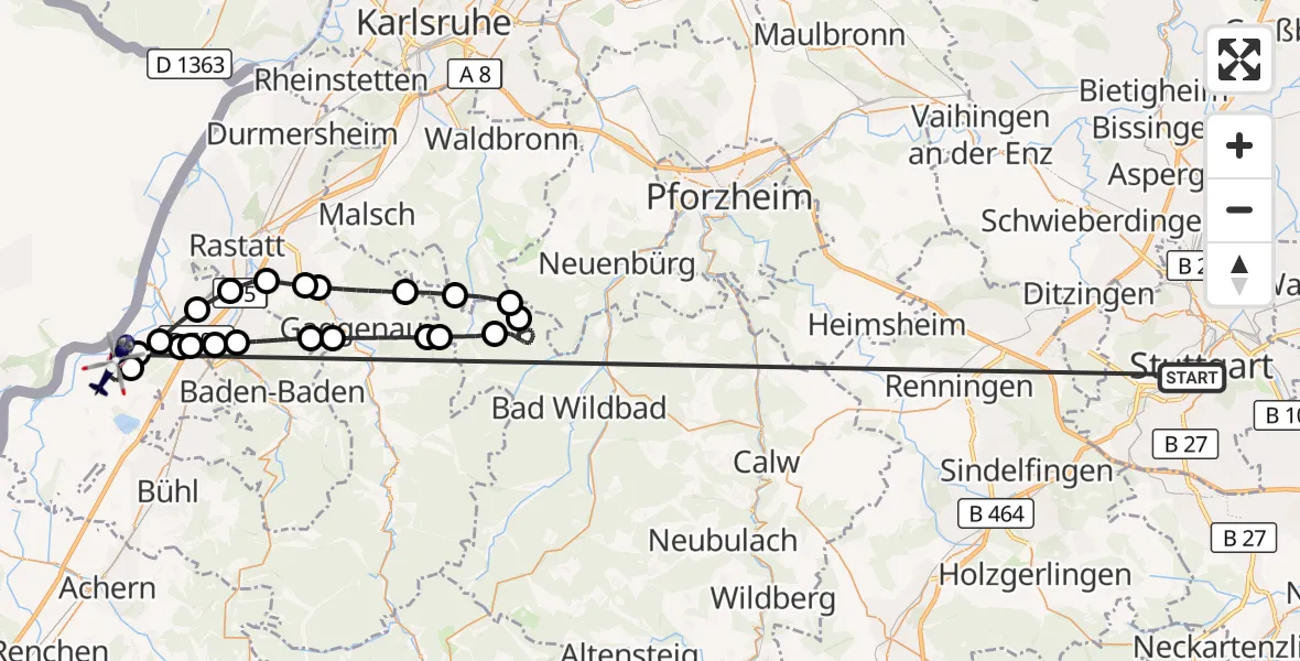 Flugroute Polizeihubschrauber Stuttgart - Karlsruhe Baden-Baden Flughafen, 30 Juni 2026, 18:58