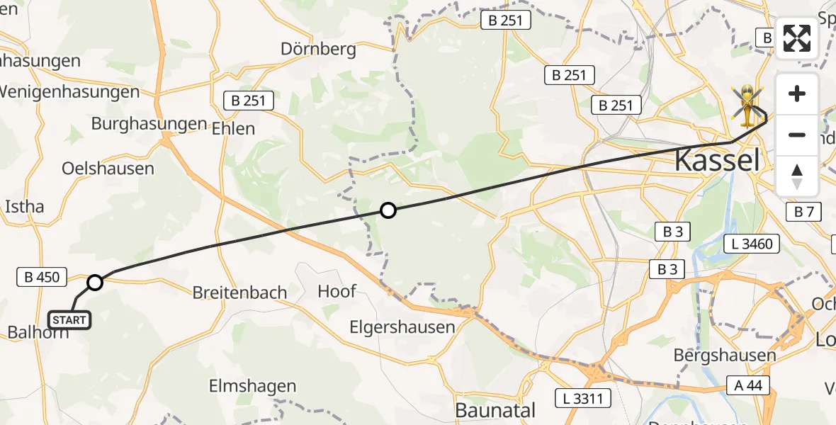 Flugroute Rettungshubschrauber Bad Emstal - Kassel, 30 Juni 2026, 19:03