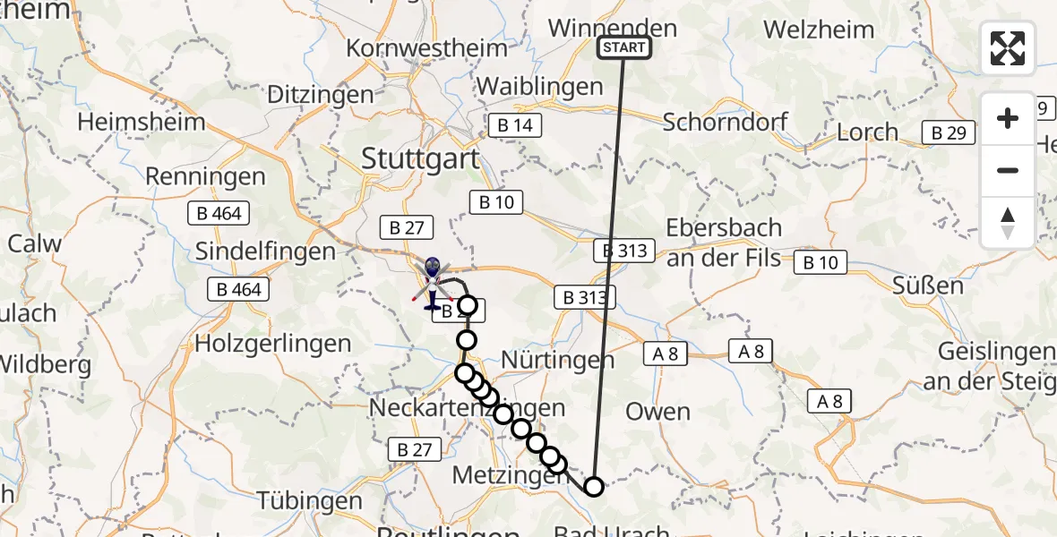 Flugroute Polizeihubschrauber Winnenden - Flughafen Stuttgart, 30 Juni 2026, 19:03