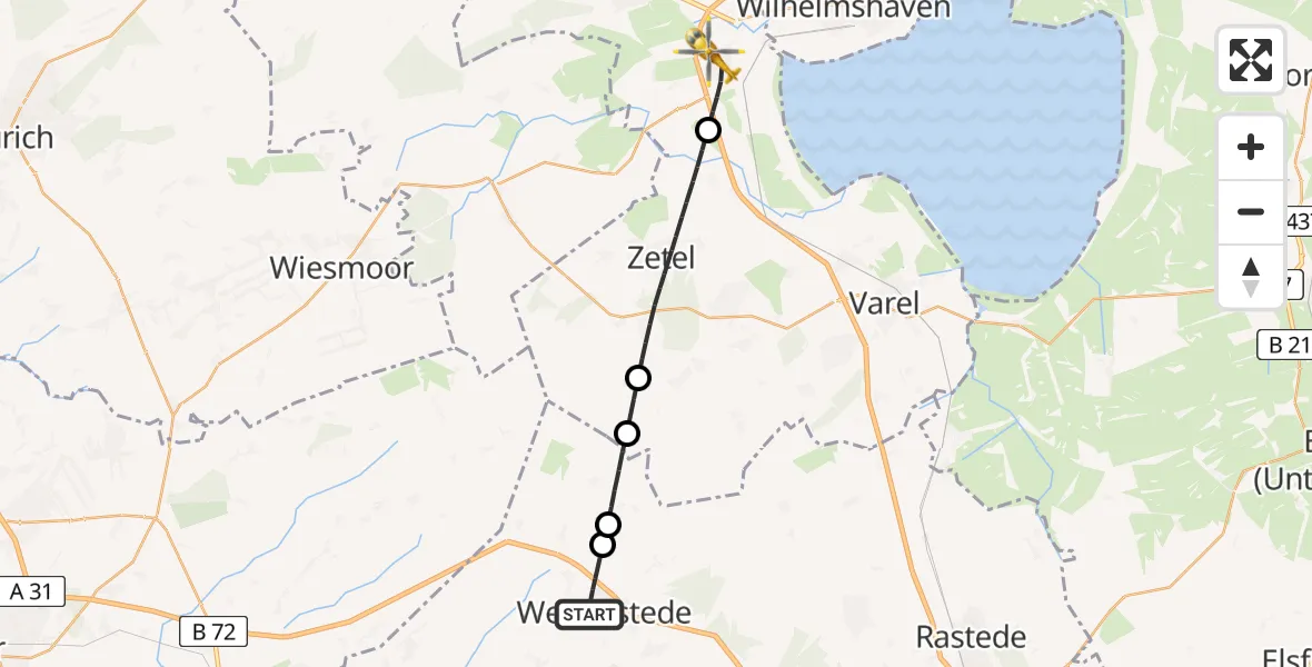Flugroute Rettungshubschrauber Westerstede - Sande, 30 Juni 2026, 19:03