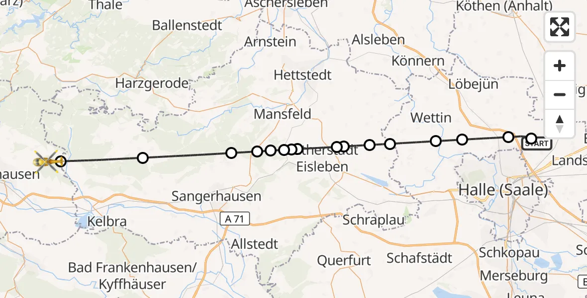 Flugroute Rettungshubschrauber Halle-Oppin Flugplatz - Nordhausen, 30 Juni 2026, 19:04