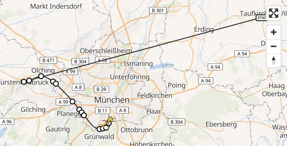 Flugroute Rettungshubschrauber Taufkirchen (Vils) - ADAC Air Rescue Center Hubschrauberlandeplatz (Christoph 1), 30 Juni 2026, 19:06