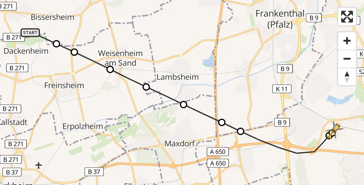 Flugroute Rettungshubschrauber Kirchheim an der Weinstraße - Ludwigshafen Accident Hospital, 30 Juni 2026, 19:12