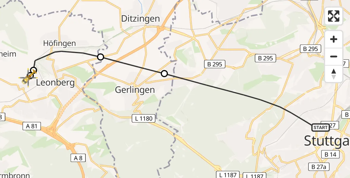 Flugroute Rettungshubschrauber Stuttgart - Leonberg Hospital, 30 Juni 2026, 19:18