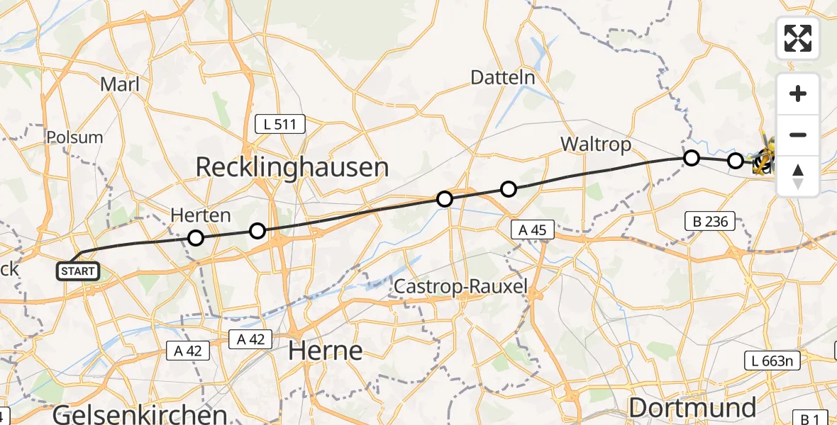 Flugroute Rettungshubschrauber Gelsenkirchen - Sankt Marien Hospital, 30 Juni 2026, 19:20
