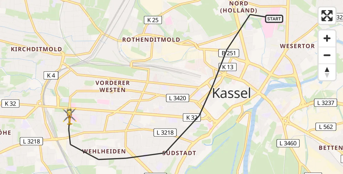 Flugroute Rettungshubschrauber Kassel - Kassel, 30 Juni 2026, 19:26