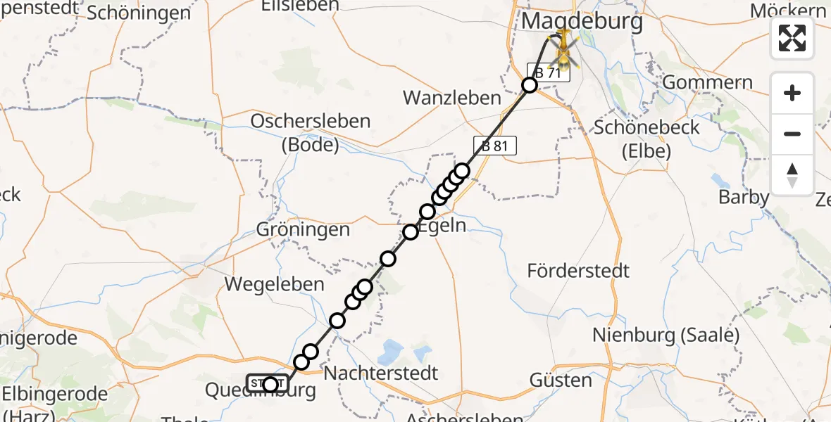 Flugroute Rettungshubschrauber Harz Hospital Quedlinburg - Magdeburg, 30 Juni 2026, 19:29
