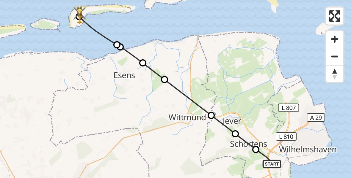 Flugroute Rettungshubschrauber Sande - Langeoog Flughafen, 30 Juni 2026, 19:30