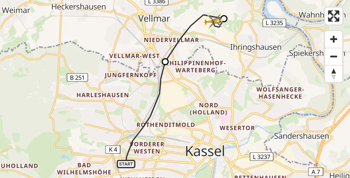 Flugroute Rettungshubschrauber Kassel - Fuldatal Bundespolizei Hubschrauberlandeplatz, 30 Juni 2026, 19:32