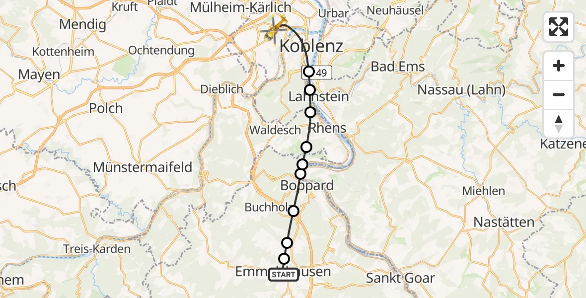 Flugroute Rettungshubschrauber Emmelshausen - Koblenz, 30 Juni 2026, 19:37