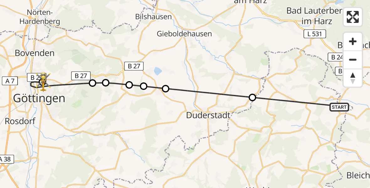 Flugroute Rettungshubschrauber Sonnenstein - Göttingen University Clinic Hubschrauberlandeplatz, 30 Juni 2026, 19:41