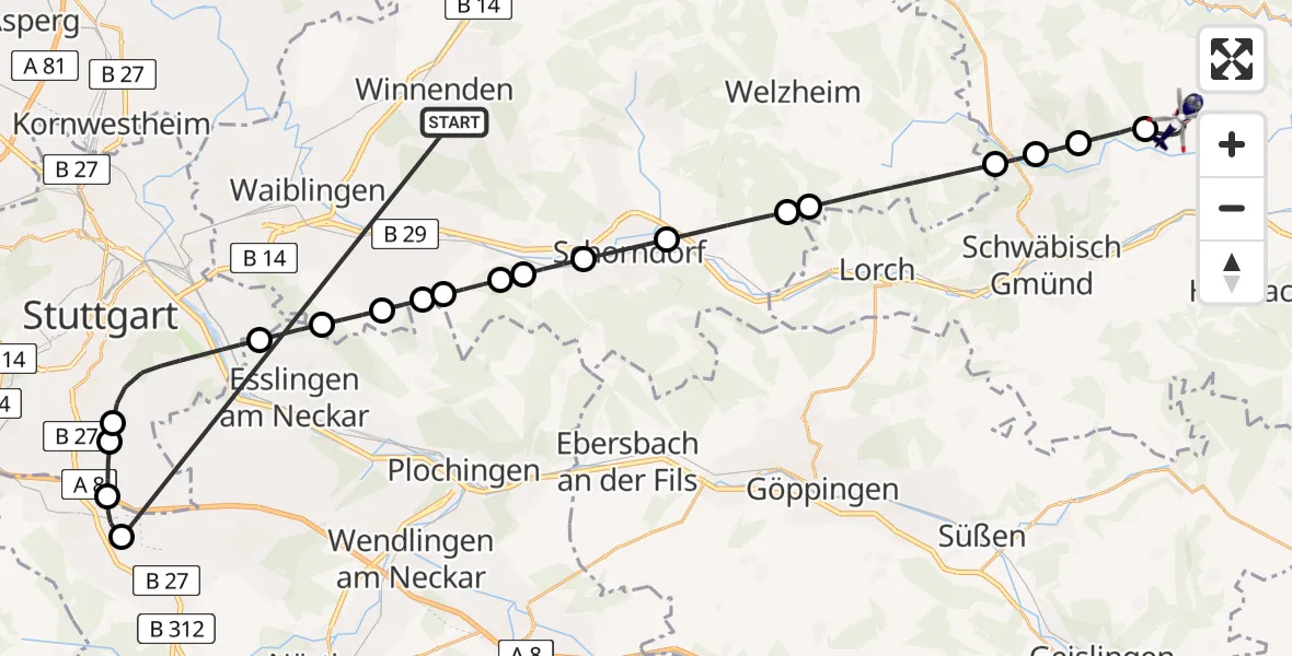 Flugroute Polizeihubschrauber Winnenden - Göggingen, 30 Juni 2026, 19:50