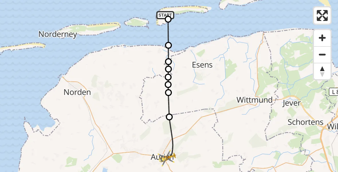 Flugroute Rettungshubschrauber Langeoog Flughafen - Aurich, 30 Juni 2026, 19:56