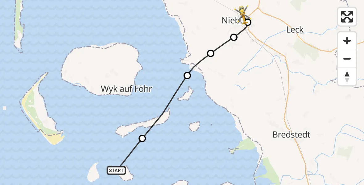 Flugroute Rettungshubschrauber Hallig Hooge - Niebüll, 30 Juni 2026, 19:59