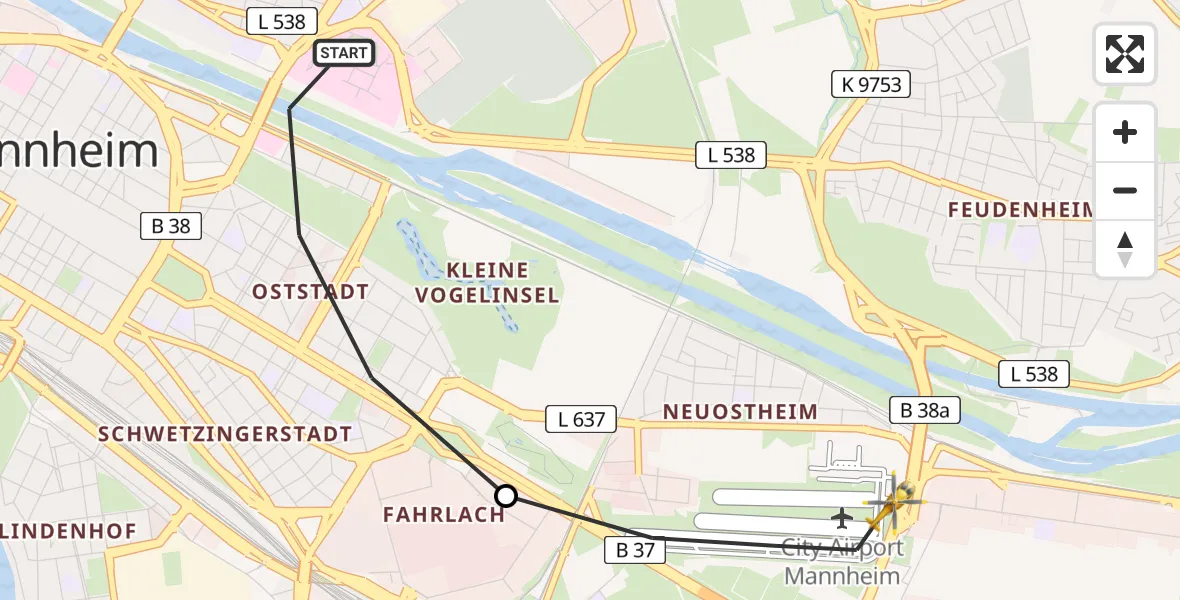 Flugroute Ambulanzhubschrauber Mannheim - Mannheim-City Flughafen, 30 Juni 2026, 20:02