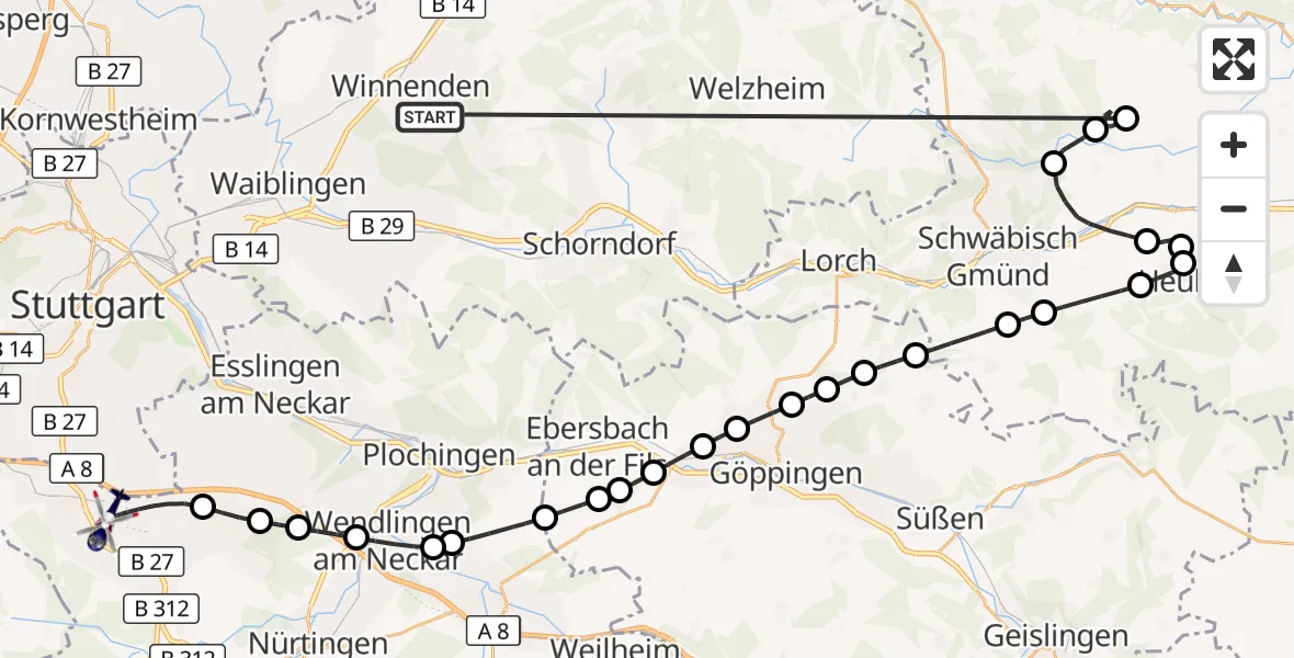 Flugroute Polizeihubschrauber Winnenden - Flughafen Stuttgart, 30 Juni 2026, 20:14