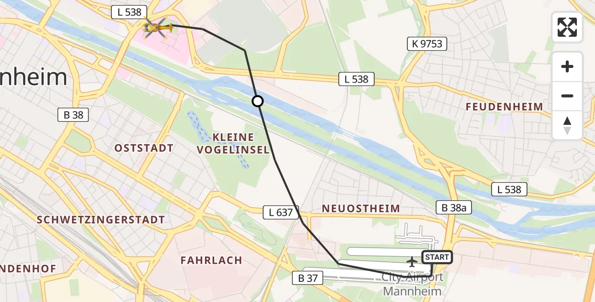 Flugroute Ambulanzhubschrauber Mannheim-City Flughafen - Mannheim, 30 Juni 2026, 20:25