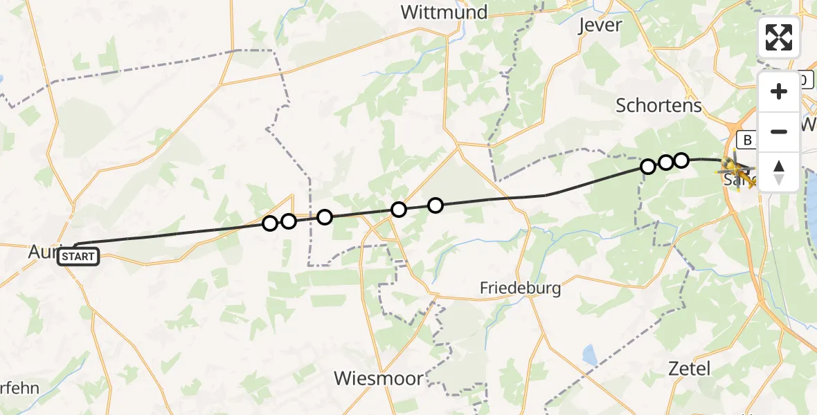 Flugroute Rettungshubschrauber Aurich - Sande, 30 Juni 2026, 20:30