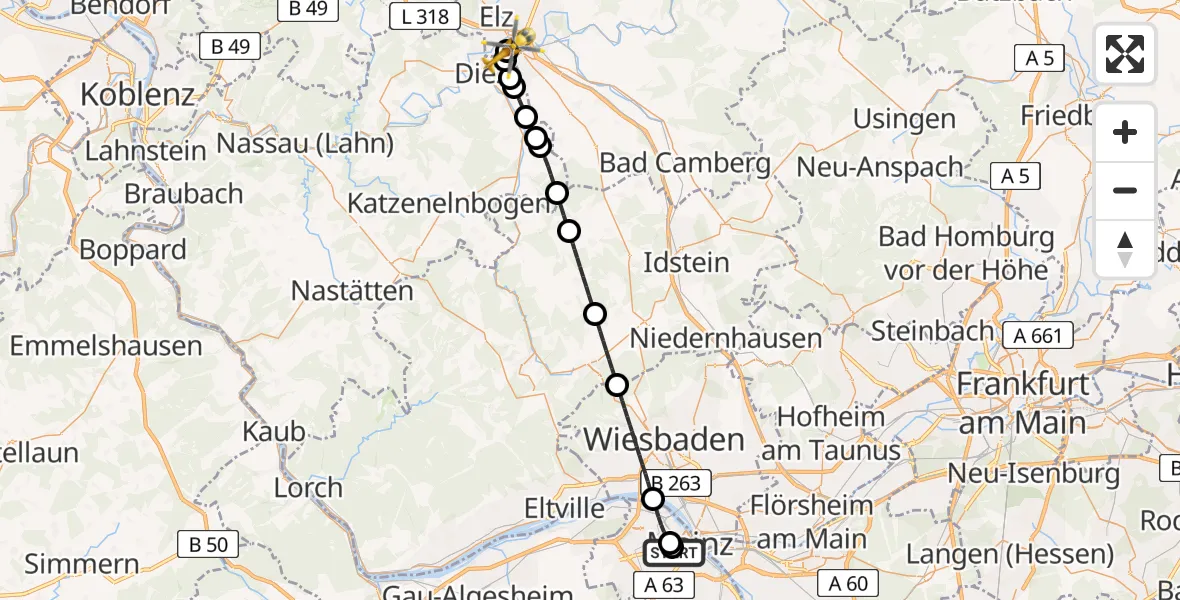Flugroute Rettungshubschrauber Mainz University Hospital - Saint Vincent Hospital Limburg, 30 Juni 2026, 21:11