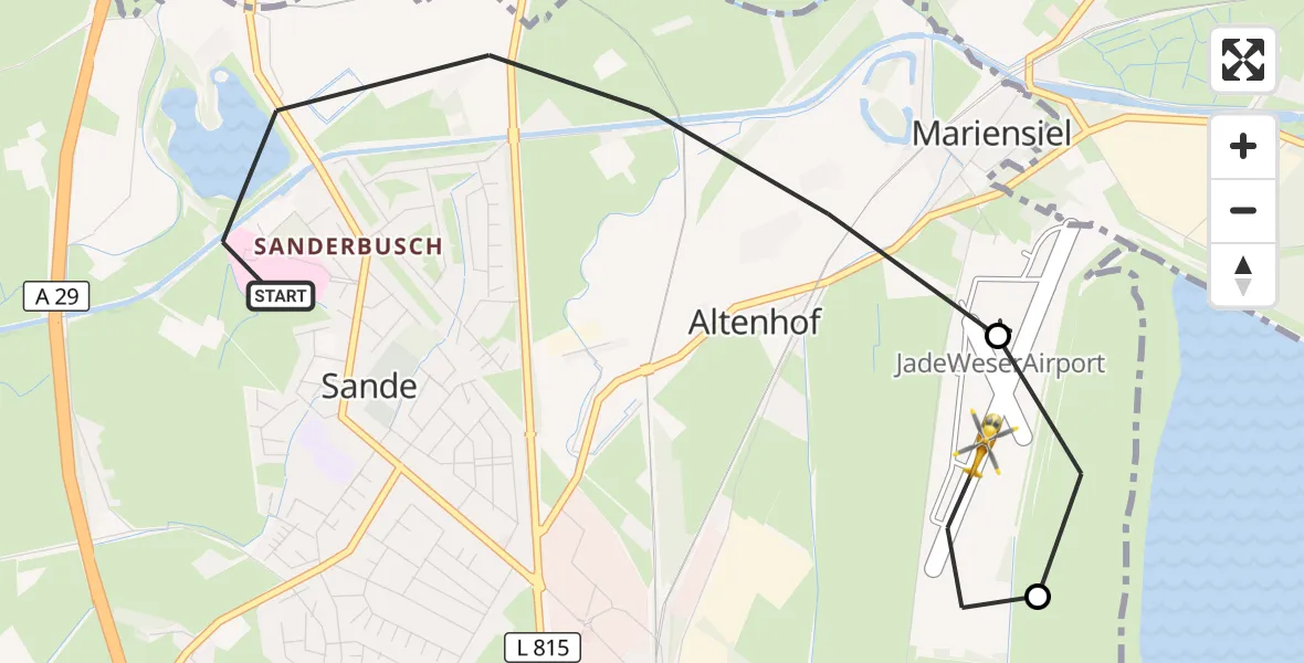 Flugroute Rettungshubschrauber Sande - JadeWeser Flughafen, 30 Juni 2026, 21:13