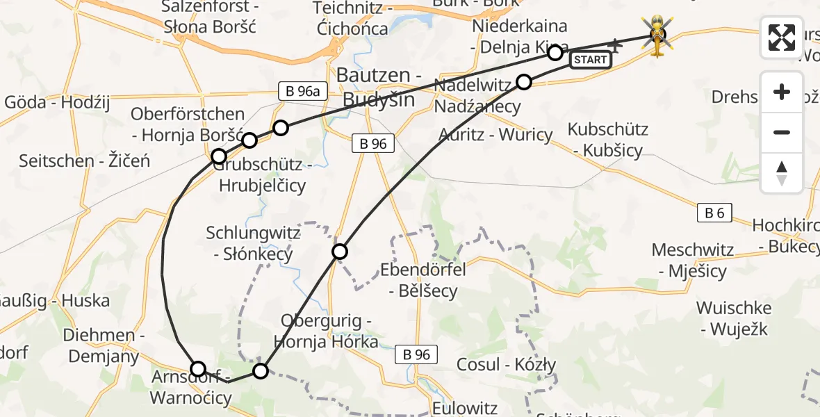 Flugroute Rettungshubschrauber Kubschütz - Bautzen Flugplatz, 30 Juni 2026, 21:20