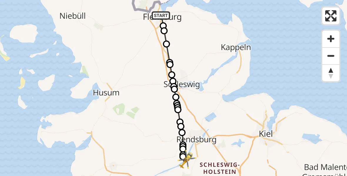 Flugroute Ambulanzhubschrauber Flensburg - Hörsten, 30 Juni 2026, 21:45