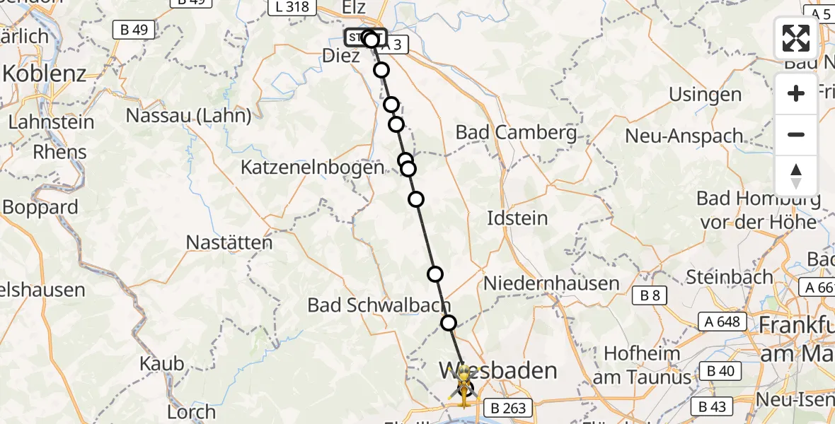 Flugroute Rettungshubschrauber Saint Vincent Hospital Limburg - Helios Horst Schmidt Klinik (HSK) Hubschrauberlandeplatz, 30 Juni 2026, 22:02
